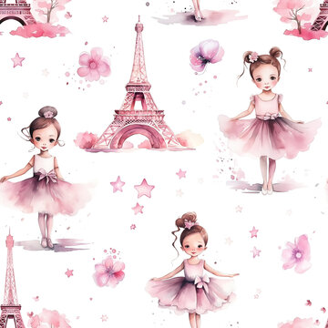 Watercolor seamless pattern with cute little girls ballerinas, Eiffel Tower, flowers and stars isolated on white background.