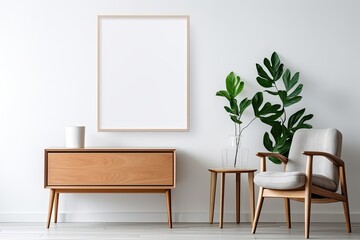 Minimalist home decor template featuring a stylish living room with a mock up poster frame, wooden commode, book, ceramic vase with a tropical leaf, and elegant personal accessories.