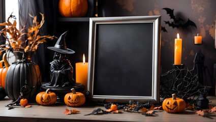 Photo frame mockup on table with halloween decoration, Photo frame, halloween decorations on white background. Front view, copy space, Generative AI