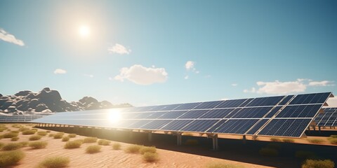 Solar photovoltaic panels installed in desert, hot sunny day, green renewable energy concept