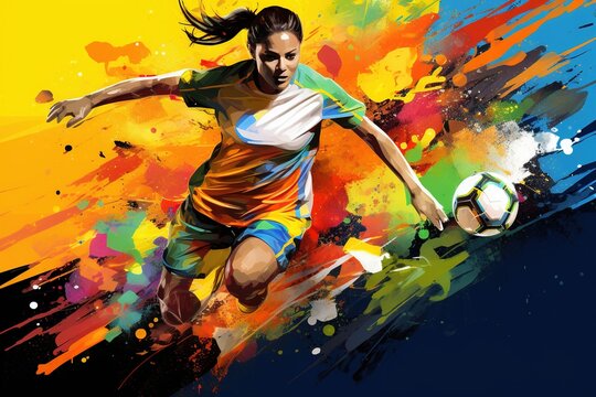 Illustration with a jumping female football player and vibrant paint splashes.