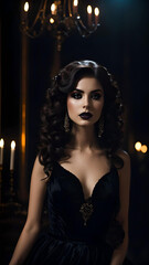 Portrait of a dramatic brunette girl in an elegant black velvet dress, who stands in the night on a dark vintage background. Gothic novel, mysticism. Makeup and hairstyle, Generative AI