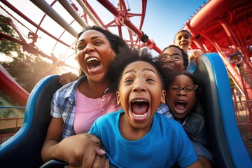 Family riding a rollercoaster at an amusement park and screaming.