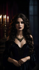 Portrait of a dramatic brunette girl in an elegant black velvet dress, who stands in the night on a dark vintage background. Gothic novel, mysticism. Makeup and hairstyle, Generative AI