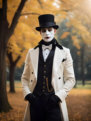  Portrait of a mysterious gentleman in a white carnival mask, bowler hat and black tailcoat standing in an old autumn park. Mime, carnival. Halloween. Vintage style, Generative AI - obrazy, fototapety, plakaty