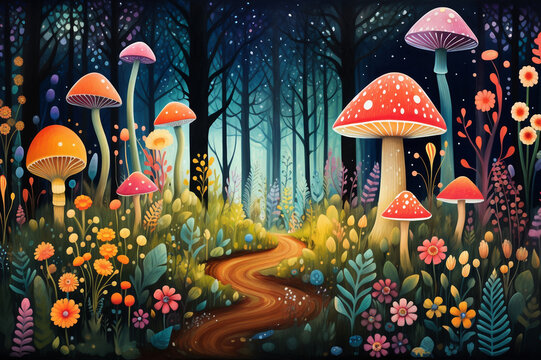 Enchanted Forest With Colorful Flowers And Mushrooms, Kids Illustration With Bright And Bold Colors. Digital Nursery Art, Beautiful Artistic Image For Poster, Wallpaper, Art Print.