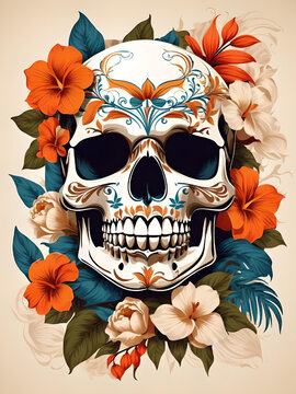 Print Human skull, exotic tropical flowers. Day of the dead skulls and flowers, Generative AI