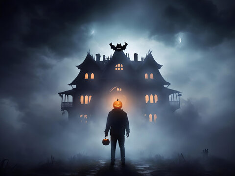 Raster illustration of man with a halloween pupkin head. Houses shrouded in white fog, twilight, dark terrifying silhouettes, horror, night, evil spirits. Mystic concept. Generative AI