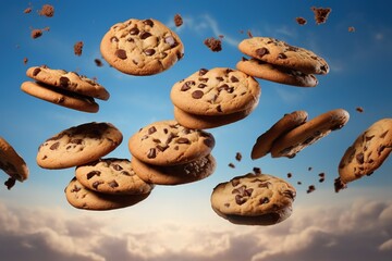 Fototapeta na wymiar Flying chocolate chip cookies.