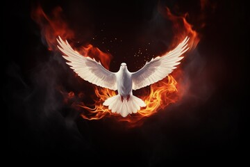 Pentecost background with flying dove and fire. - obrazy, fototapety, plakaty