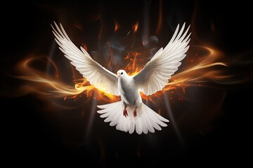Pentecost background with flying dove and fire.