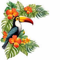 tropical flowers and leaves Beautiful colors and hornbills
