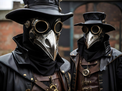 steampunk plague doctor costume for Halloween with leather, Generative AI
