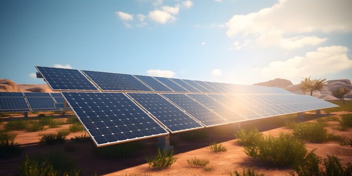 Solar photovoltaic panels installed in desert, hot sunny day, green renewable energy concept