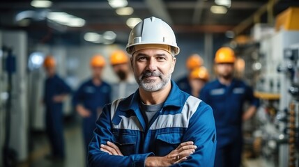 Engineer man wearing uniform and safety hard hat on factory, Industry, Engineer, Construction concept.