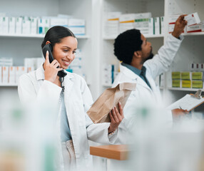 Pharmacist, phone call and medicine package for customer service, healthcare communication or inventory support. Medical worker, people or doctor on telephone with pharmacy product or paper bag check