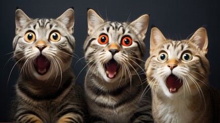 Cats, Wide Open mouth, eyes, Surprised, Amazed, Incredulous, Astonished, Shocked. CAN NOT BELIEVE OUR EYES! 3 little cats with wide open mouth. 2 felines with yellow eyes and one with red orange eye.