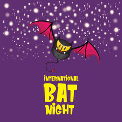 International bat night banner or poster with cartoon bat on violet night sky background. International bat night Vector illustration