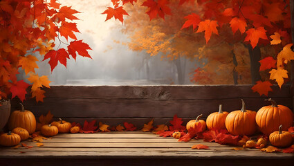 Autumn background with pumpkins, leaves and nuts on wooden background, Generative AI