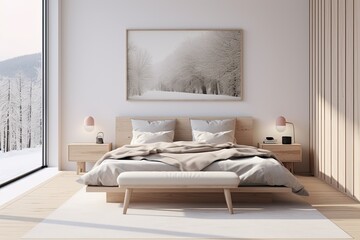 Minimal scandinavian style modern luxury bedroom interior.
