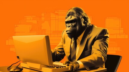 Humorous funny portrait, Technological Gorilla, Desktop computer, Pc, Outdated, Antiquated. KEEPING UP WITH THE TIMES. A gorilla tries to adapt himself to the modern times by using a PC desktop. - obrazy, fototapety, plakaty
