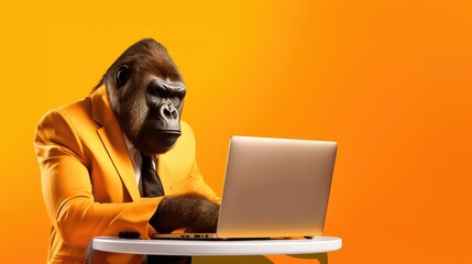 Ironic portrait, Technological Gorilla, Laptop, Pc, Computer, Notebook, Backward, Animal. IN STEP WITH THE TIMES. A gorilla in suit and tie intent to use a pc laptop. - obrazy, fototapety, plakaty
