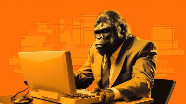 Humorous funny portrait, Technological Gorilla, Desktop computer, Pc, Outdated, Antiquated. KEEPING UP WITH THE TIMES. A gorilla tries to adapt himself to the modern times by using a PC desktop.