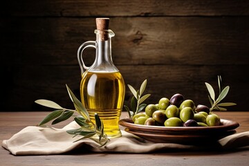 Olive oil bottle, olives and branch on a wooden table.