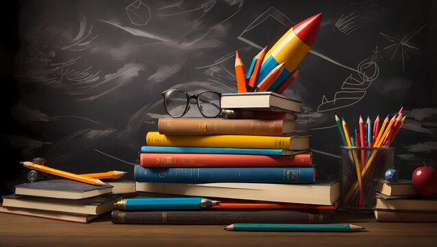 Back to school concept. rocket sketch and pencils over the open book in front of the classroom blackboard. Books And Pencils With Rocket Sketch,  generative ai