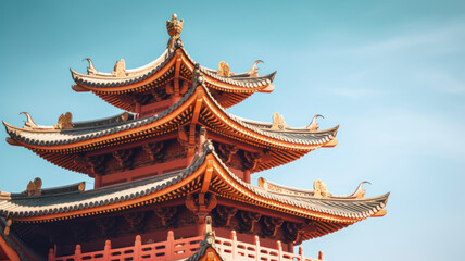 Asian or Chinese pagoda architecture against blue sky. Asia travel