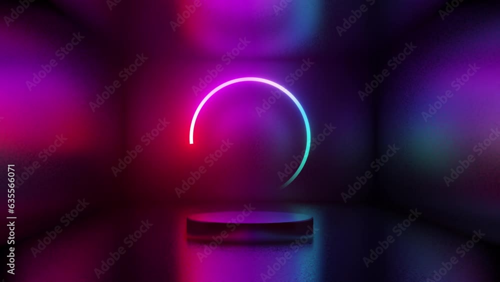 Poster podium with a bright glowing blinking neon circle abstract futuristic motion background. futuristic 
