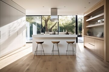 Minimalist a bright kitchen with island, barstools, panoramic window, white wall, glass door, oak wooden floor, and cupboard.