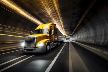 Semi Truck at Speed in Tunnel.