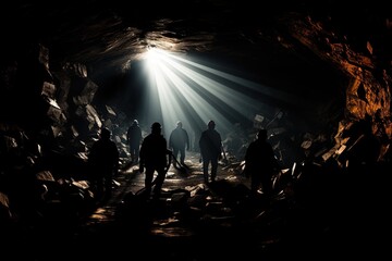Silhouette of Miners with headlamps entering underground coal mine.