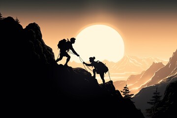 Silhouettes of two people climbing on mountain and helping each other.
