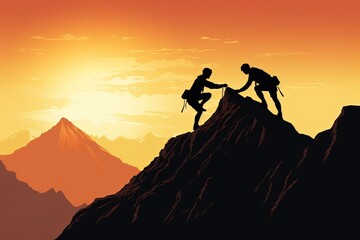 Fototapeta premium Silhouettes of two people climbing on mountain and helping each other.