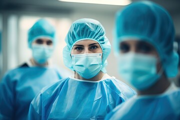 Surgeon team in surgical operating room, in medical coat, mask and cap.