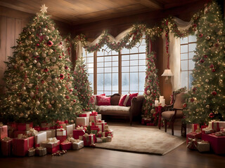 Fototapeta premium The stylish interior of the living room with beautiful Christmas tree and Gift Box at night, Christmas room interior design, Xmas tree decorated by lights, Generative AI