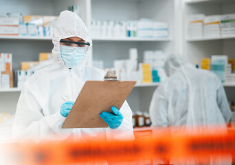 Pharmacy clipboard, red tape and people inspection of hospital medicine, clinic investigation or...