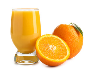 Glass of fresh orange juice and ripe fruits isolated on white background