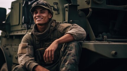 Happy young soldier smiling cheerfully created with Generative AI technology