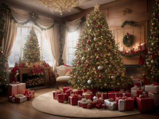 Fototapeta na wymiar The stylish interior of the living room with beautiful Christmas tree and Gift Box at night, Christmas room interior design, Xmas tree decorated by lights, Generative AI