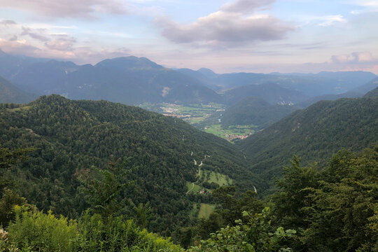 Aerial View of a Beautiful Valley in the Slovenian Alps at the Sunset During Summer. Volče, Kobarid Province, Slovenia