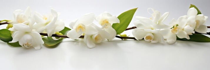Jasmine flowers on white surface.