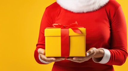 Closeup shot of a woman holds a Christmas gift box with a red ribbon in her hands. Holidays concept. created with Generative AI technology