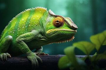 Obraz premium A small chameleon sitting on the branch of a tropical tree