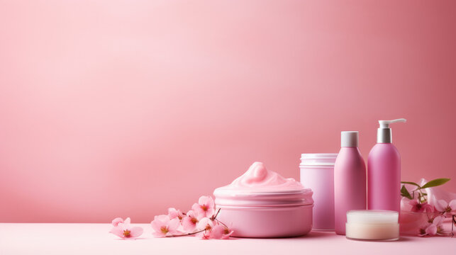 Skincare products, pink plastic bottles and containers with face cream, lotion and cleanser, beauty products on pink background, side view studio photo