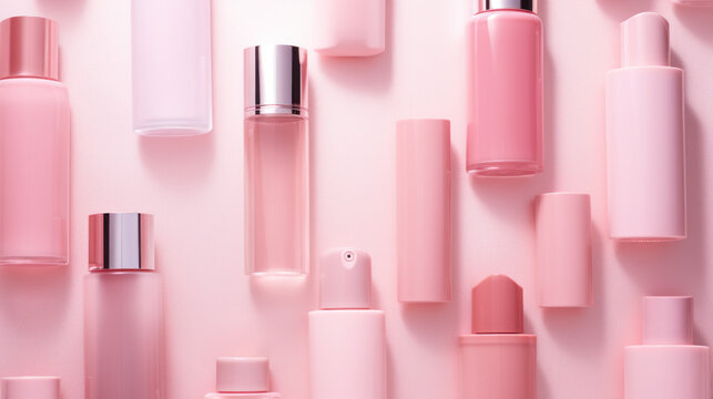 Beauty products, pink skincare bottles, containers, top view photo on pink surface, lotion, serum, perfume, lip product