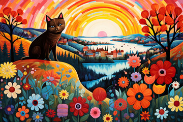 Colorful sunset landscape with river, flowers and cat sitting on a hill. Kids illustration with bright and bold colors. Digital nursery art, beautiful artistic image for poster, wallpaper, art print.