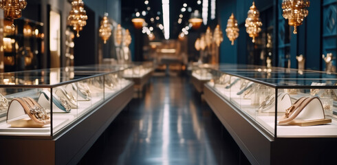 Presentation of a retail showcase in a jewelry store, Bracelets and diamond necklaces displayed in a luxury retail shop window.